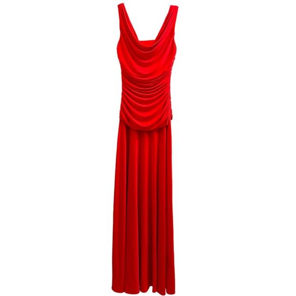 Night Way Bright Coral Gathered Stretch Cowl Neck Formal Dress 8 Draped Maxi M - Picture 1 of 16